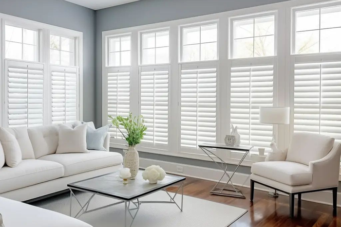 A living room with a couch , chair , coffee table and shutters on the windows.