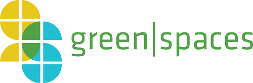 The green spaces logo is a green and blue logo with a cross in the middle.