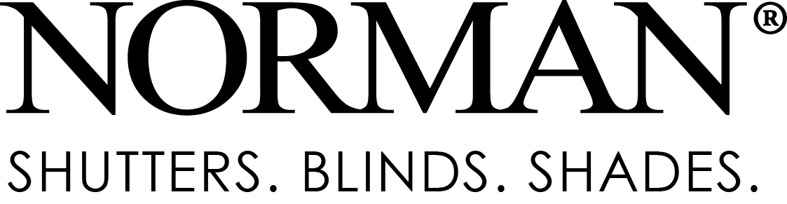A black and white logo for norman shutters , blinds , shades.