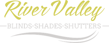 A logo for river valley blinds shades and shutters.