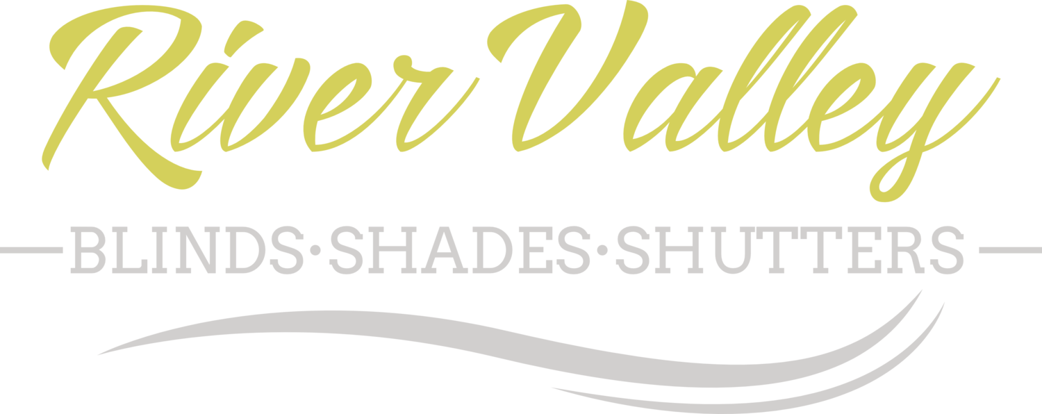 A logo for river valley blinds shades and shutters.