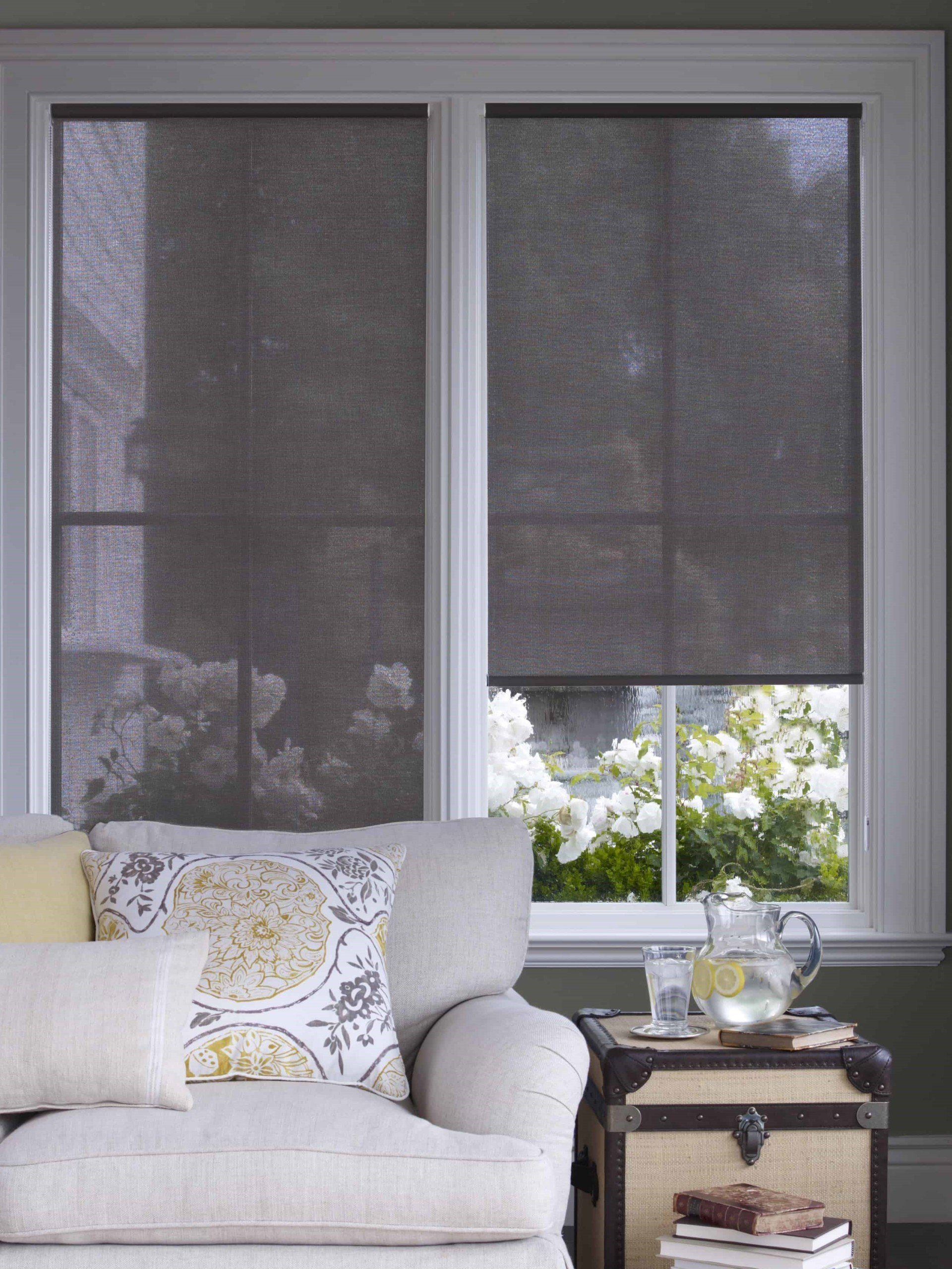 A living room with a couch and a window with blinds on it.