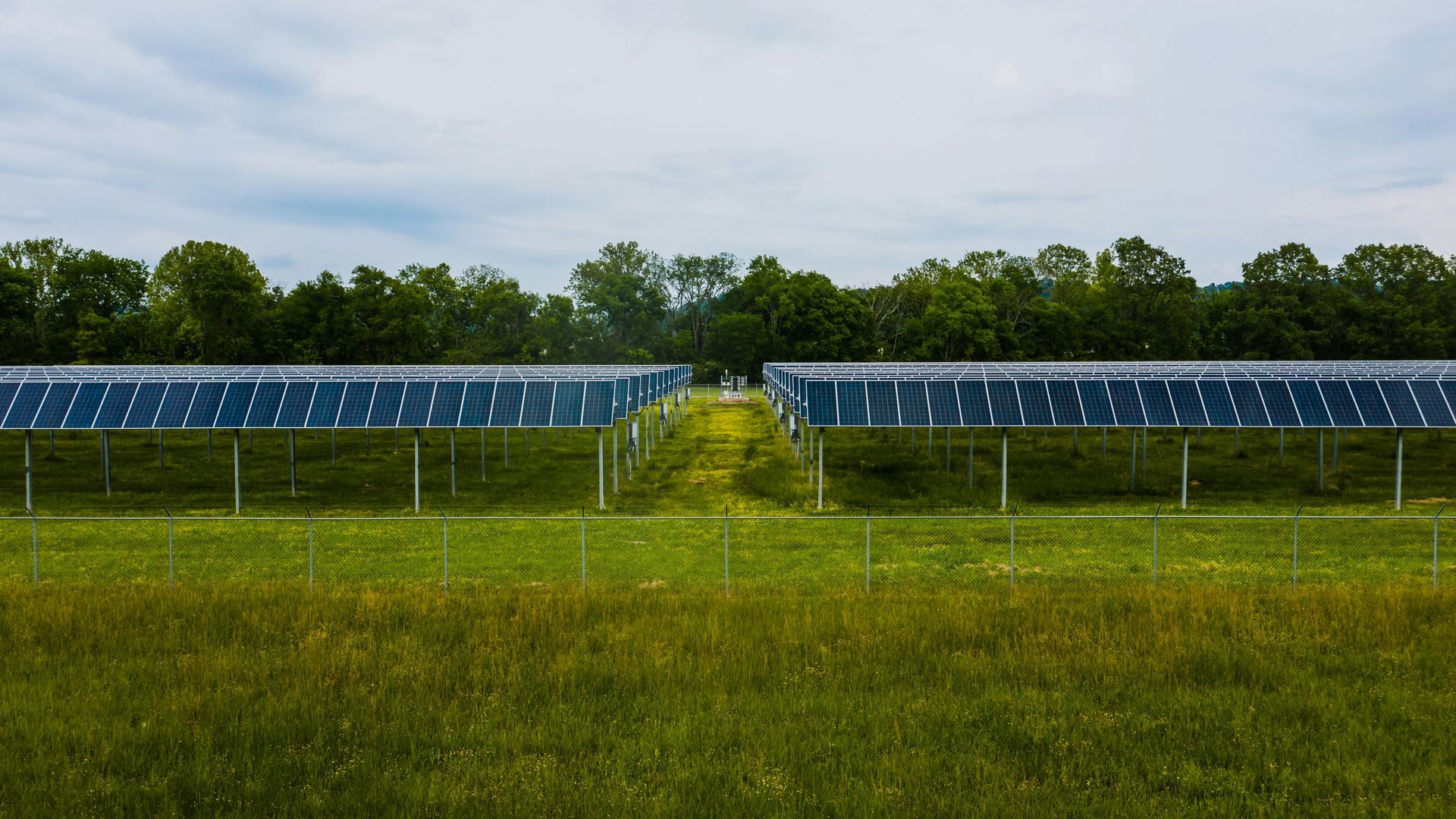 A row of solar panels in a grassy field with trees in the background. — Innovo Electrical & Solar In Thebarton, SA