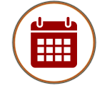 A red calendar icon in a circle on a white background.