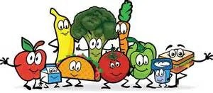 A group of fruits and vegetables with faces are standing next to each other.
