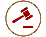 A red judge 's gavel is in a circle on a white background.