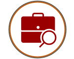 An icon of a briefcase and a magnifying glass in a circle.