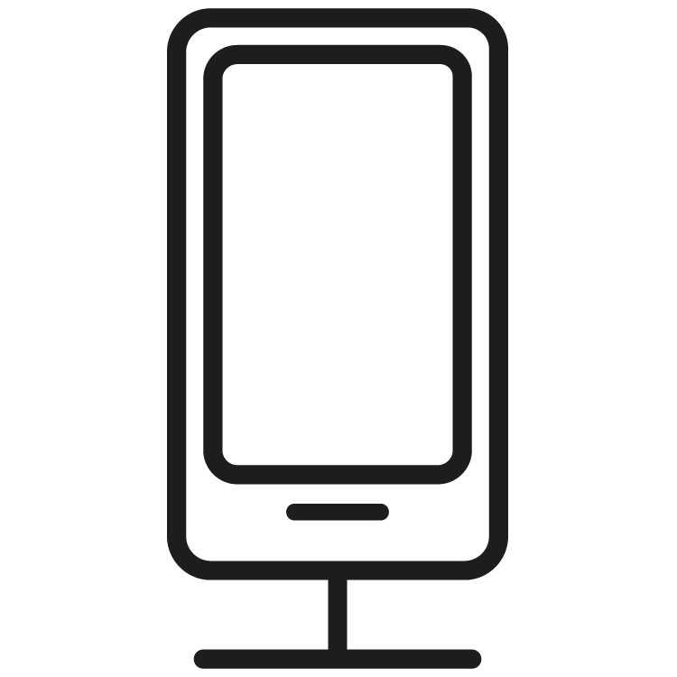 A black and white icon of a cell phone on a stand.