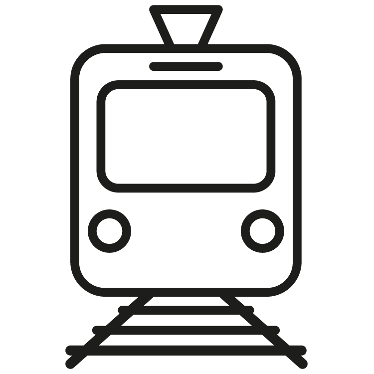 A black and white icon of a train on the tracks.