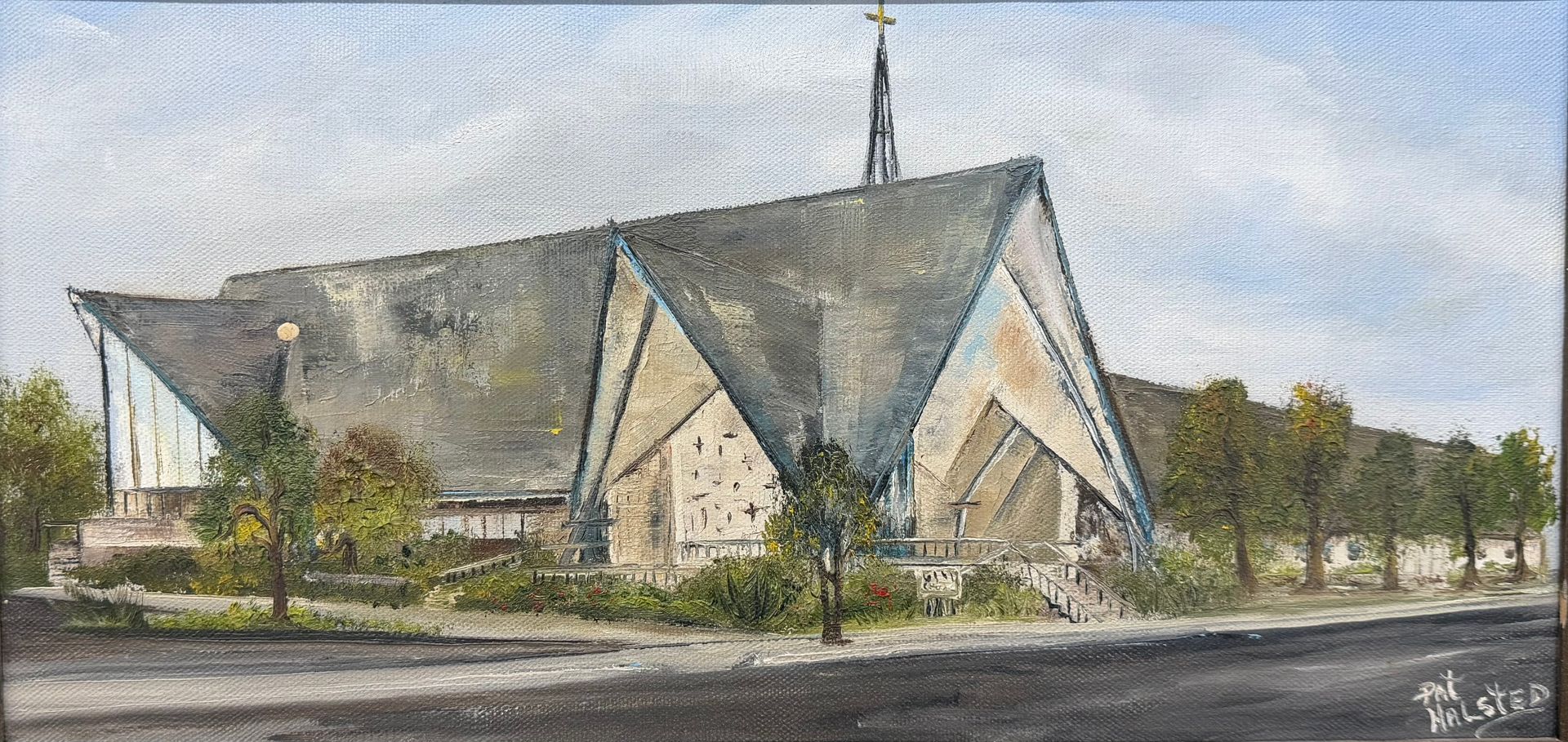 Watercolor of a modern church with a steep roof, cross steeple, and trees beside a street.