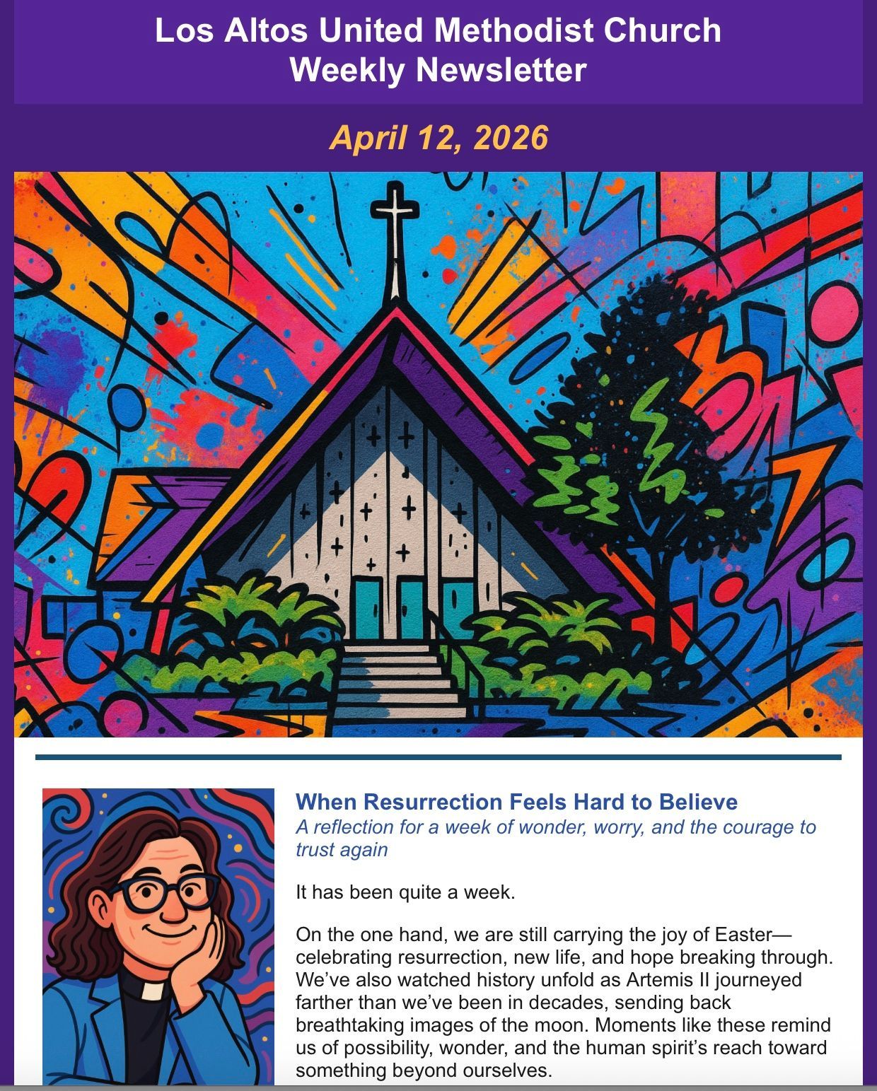 Colorful church newsletter cover with cross, stained-glass-style art, and a portrait illustration.