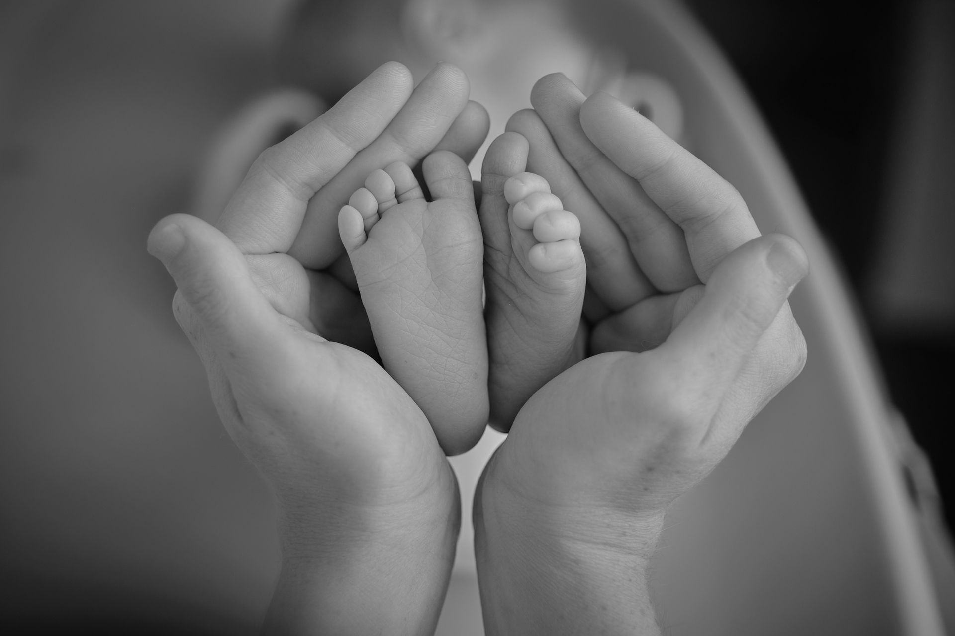 A black-and-white close-up of adult hands gently cradling a pair of small, newborn feet.