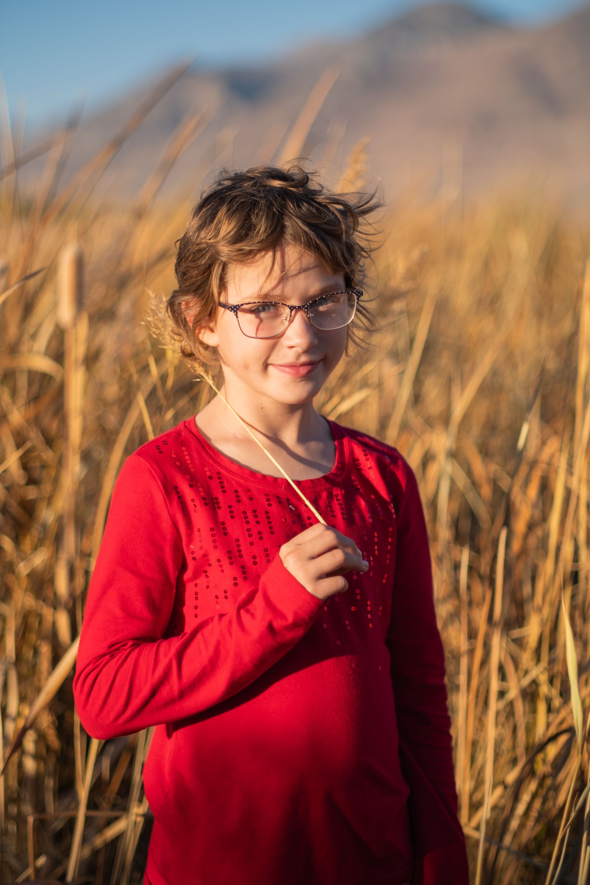A person wearing a long-sleeved red shirt and glasses holds a thin, dried reed while standing in a tall, golden field.