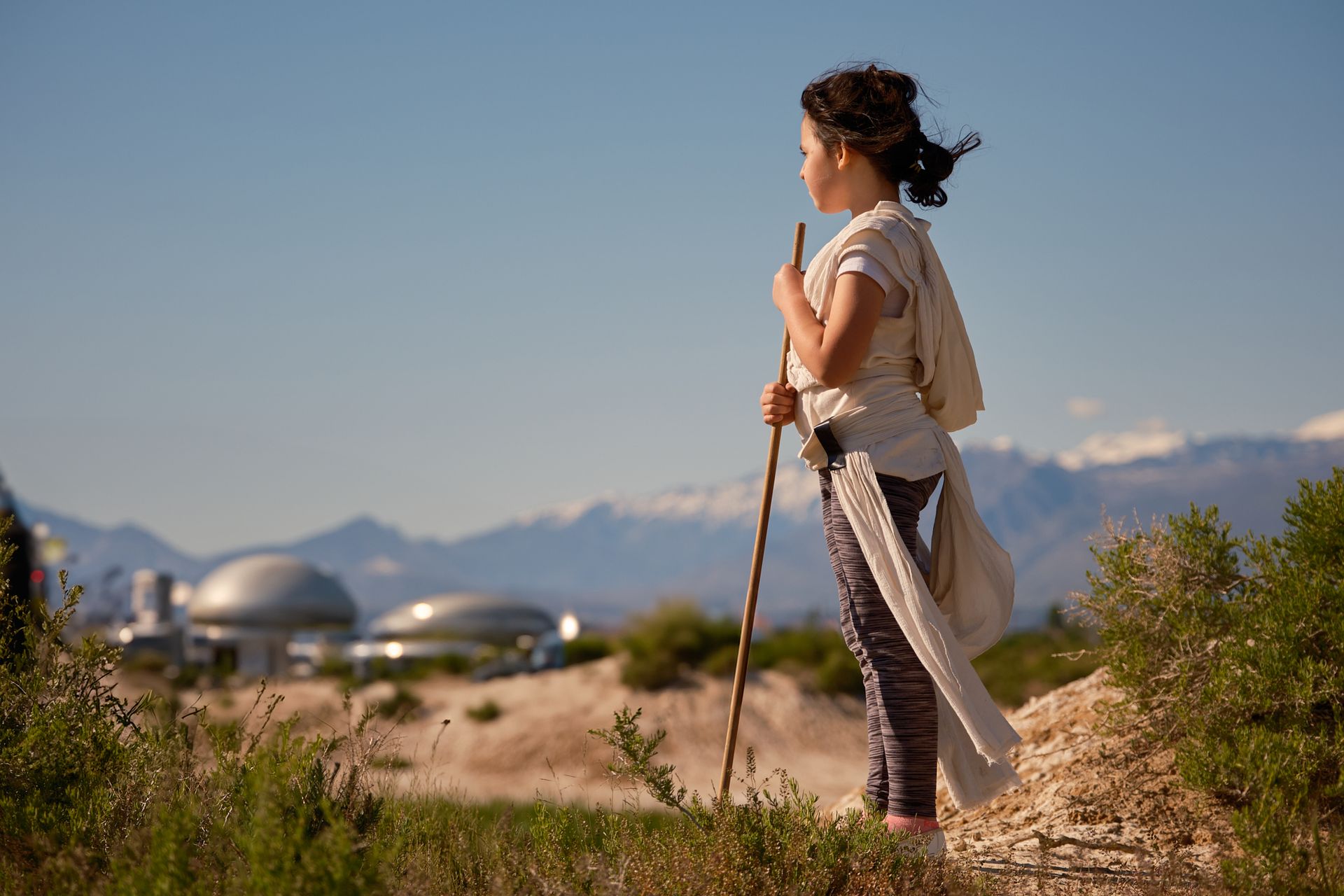 A person wearing desert-inspired robes stands in a field holding a wooden staff, looking toward mountains and domes.