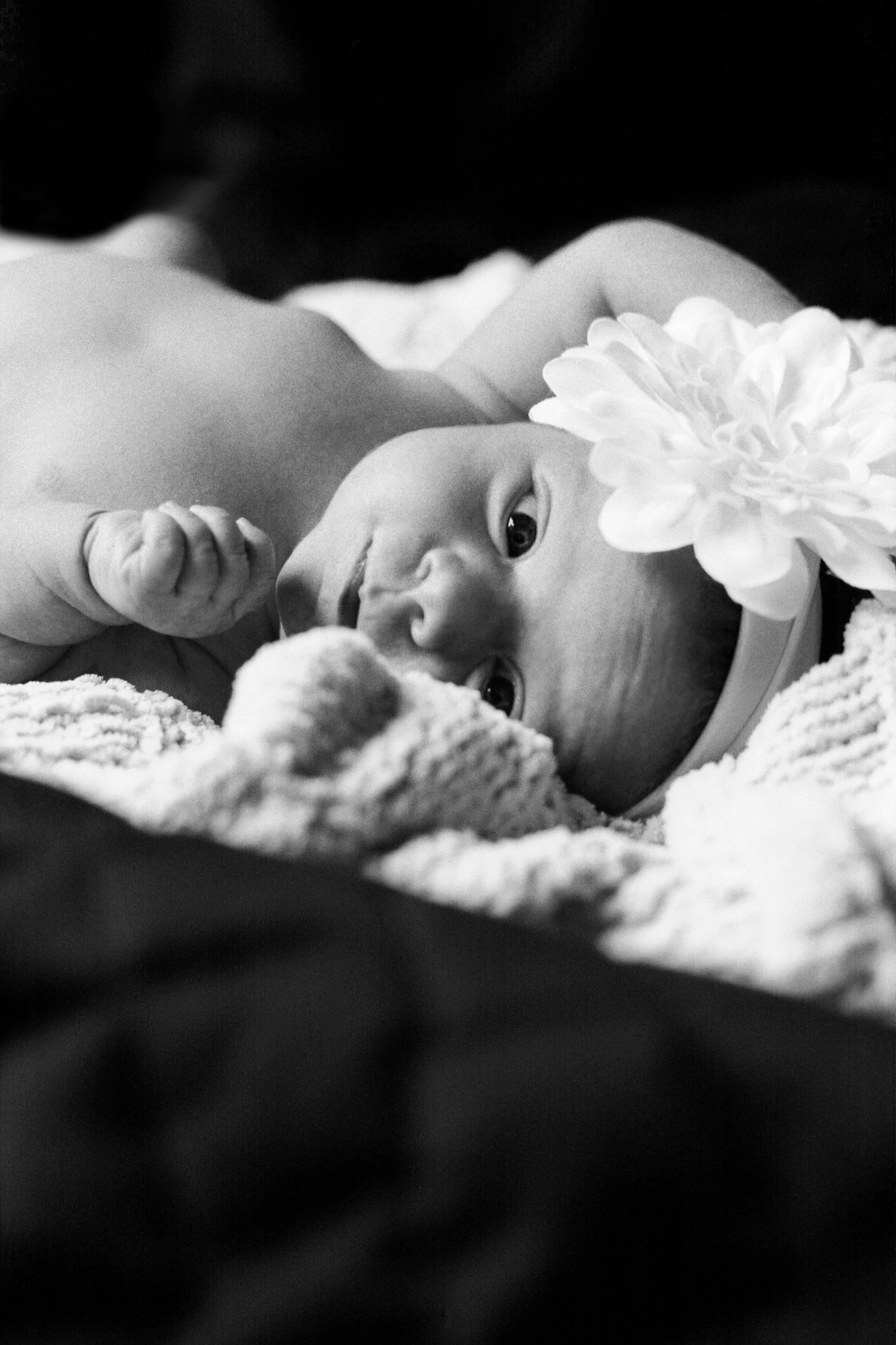 A black and white close-up of a baby wearing a large fabric flower headband, resting on a soft, textured blanket.