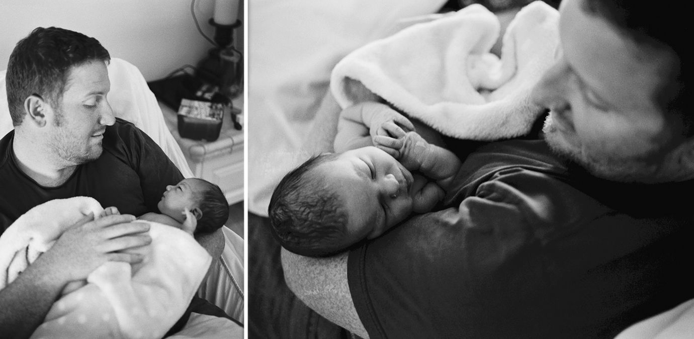 A split-screen photo of a person holding and cradling a newborn infant in their arms.