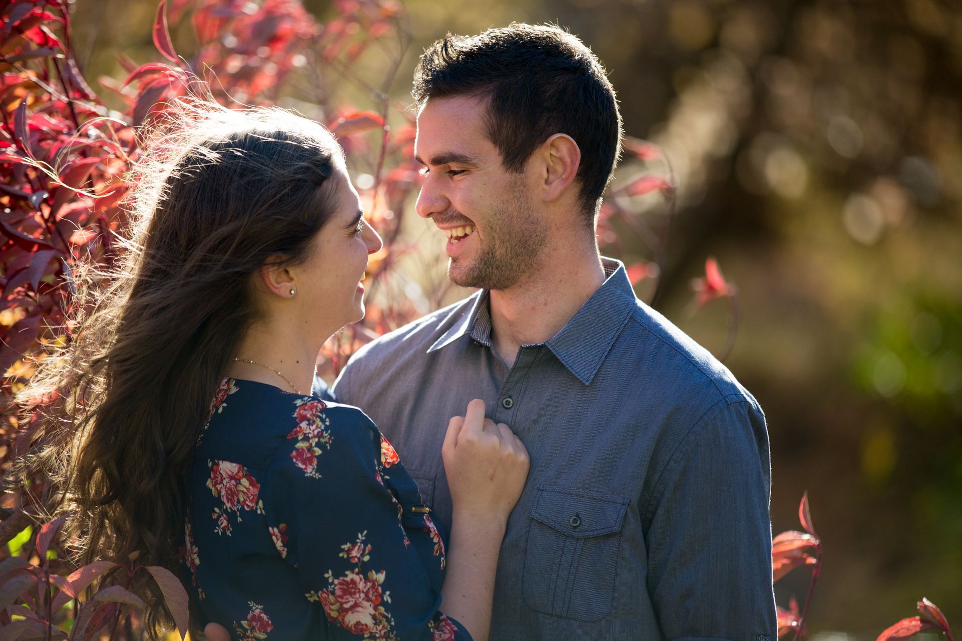 A couple faces each other and smiles amidst foliage with warm backlighting.