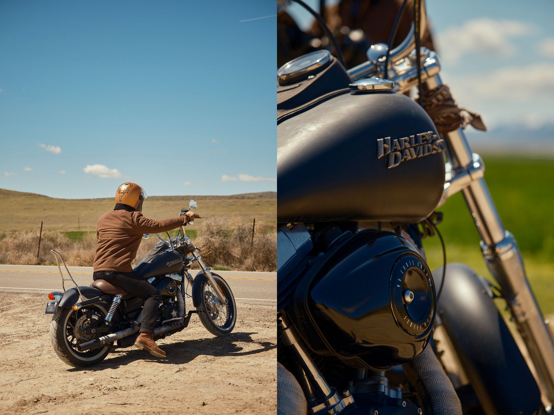 Split view of a motorcyclist on a road.