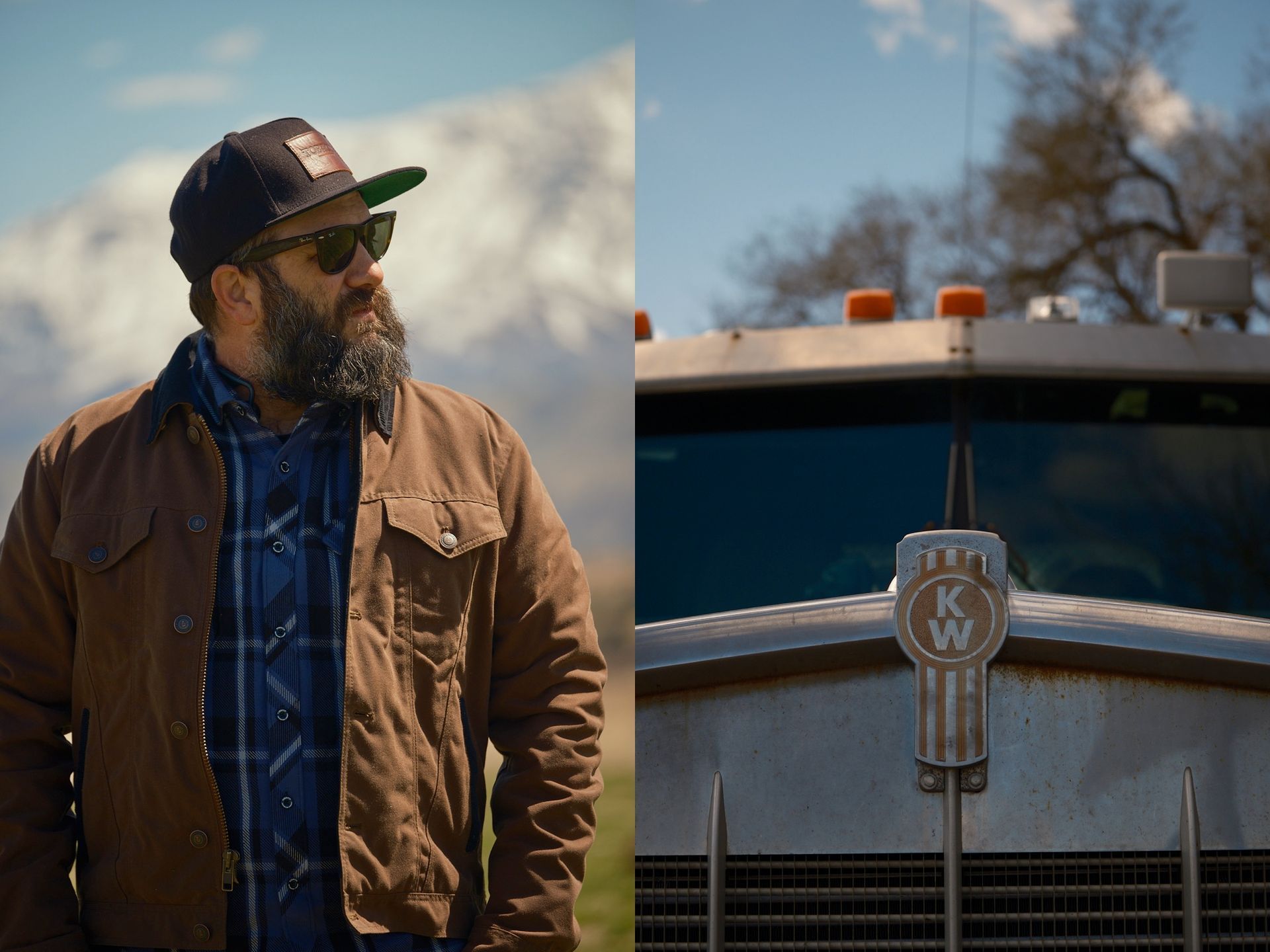 A side-by-side shot of a bearded person in a brown jacket and baseball cap.