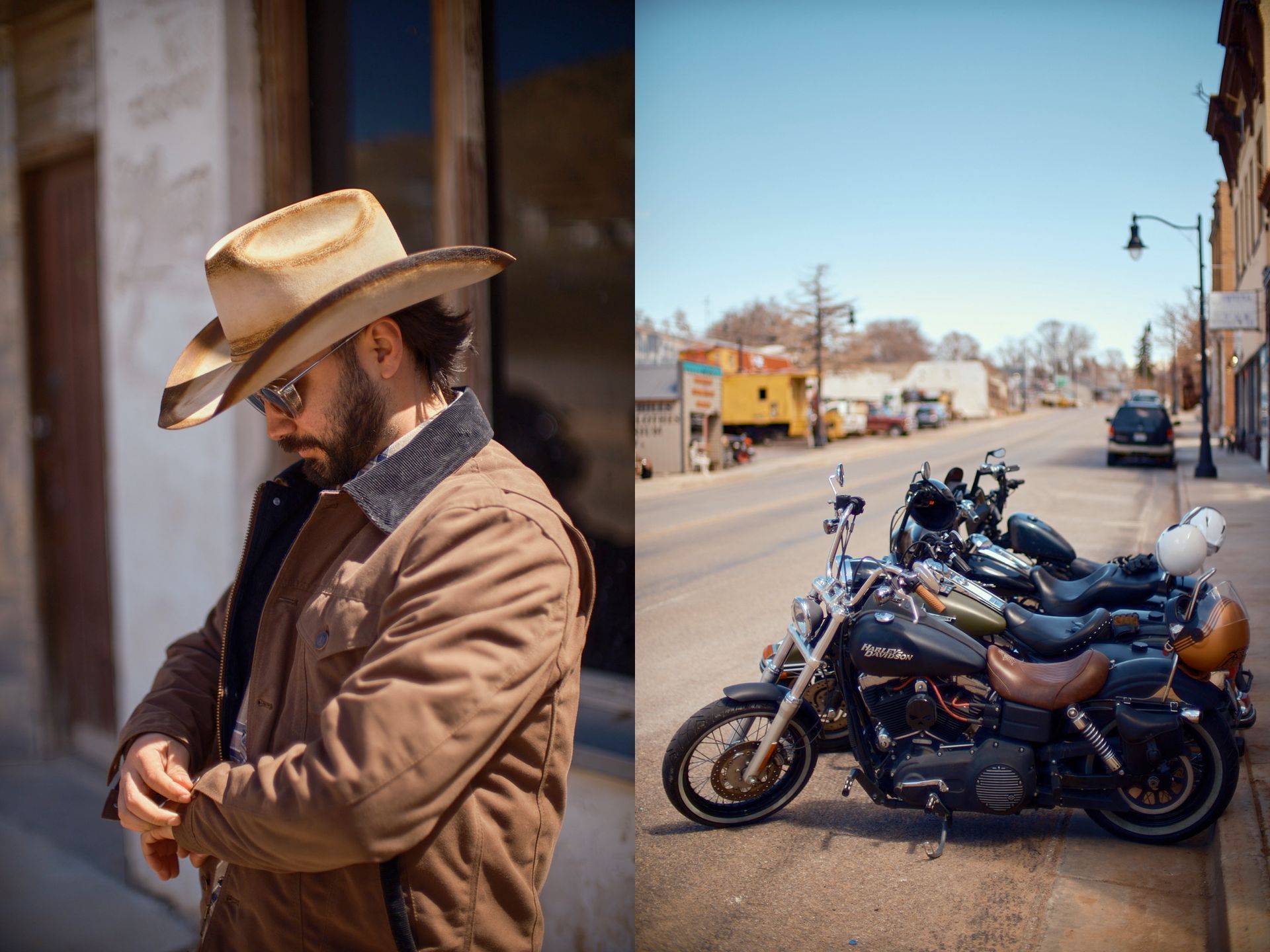 A man in a cowboy hat and brown jacket stands next to a street scene.
