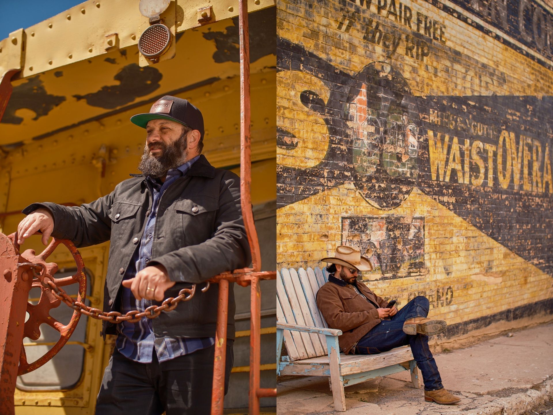 A bearded person in a dark jacket by a yellow train.