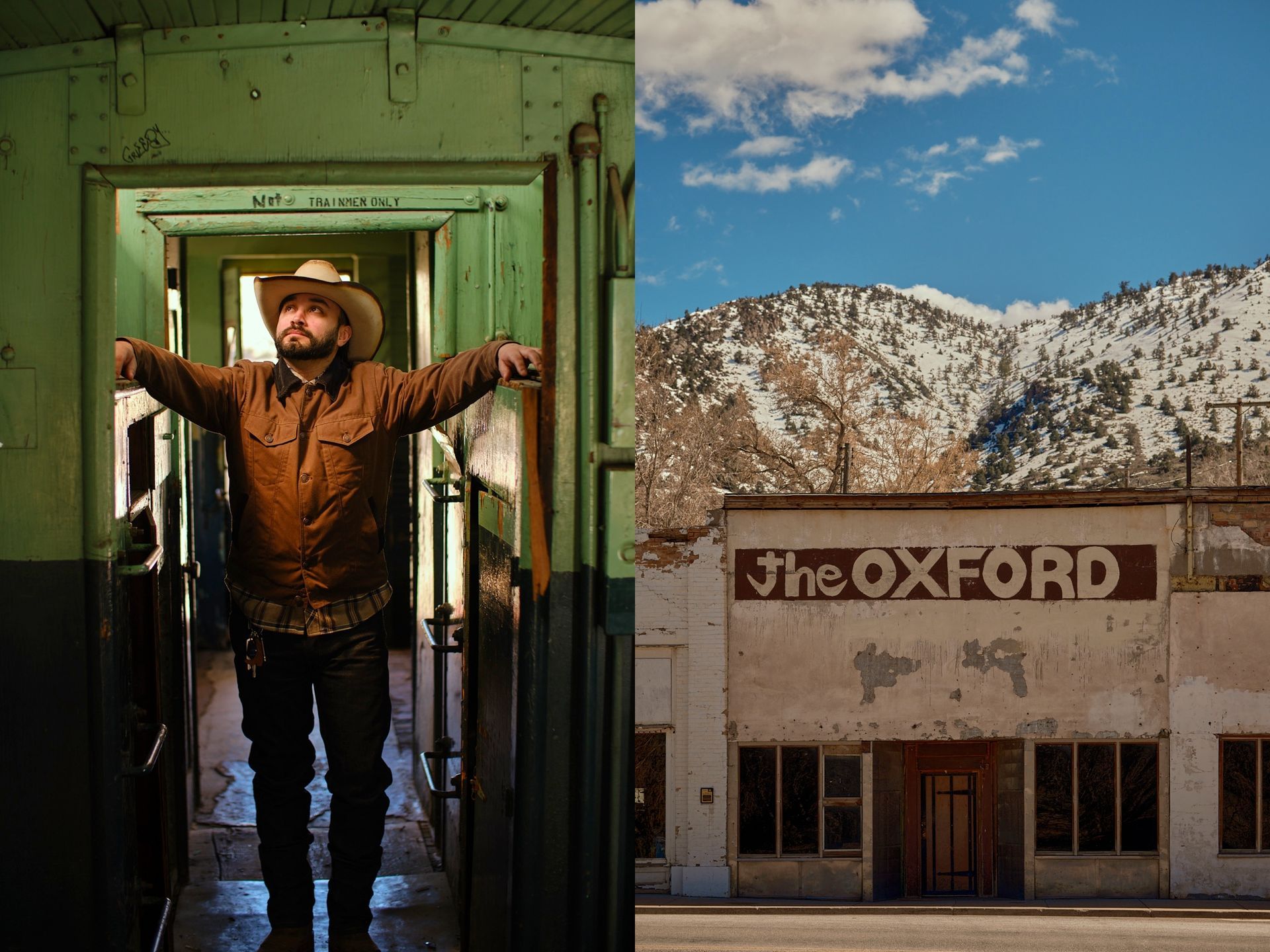 A person in a cowboy hat stands inside a green train car.
