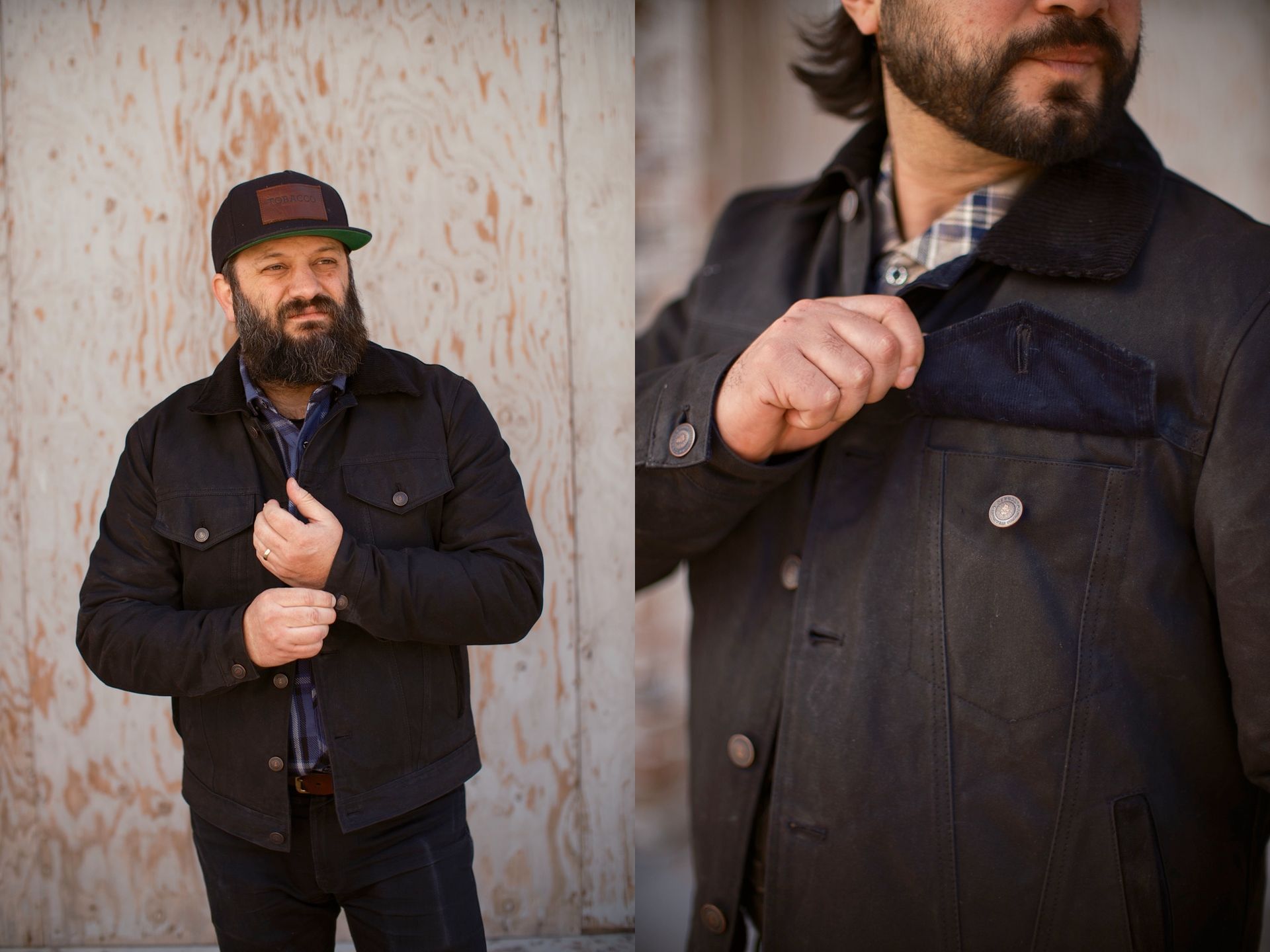 A person with a beard wearing a black jacket and baseball cap.