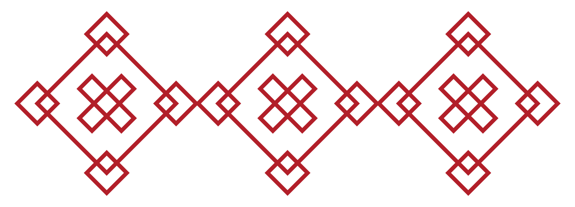 Red geometric knot pattern of three repeating diamond motifs on a white background