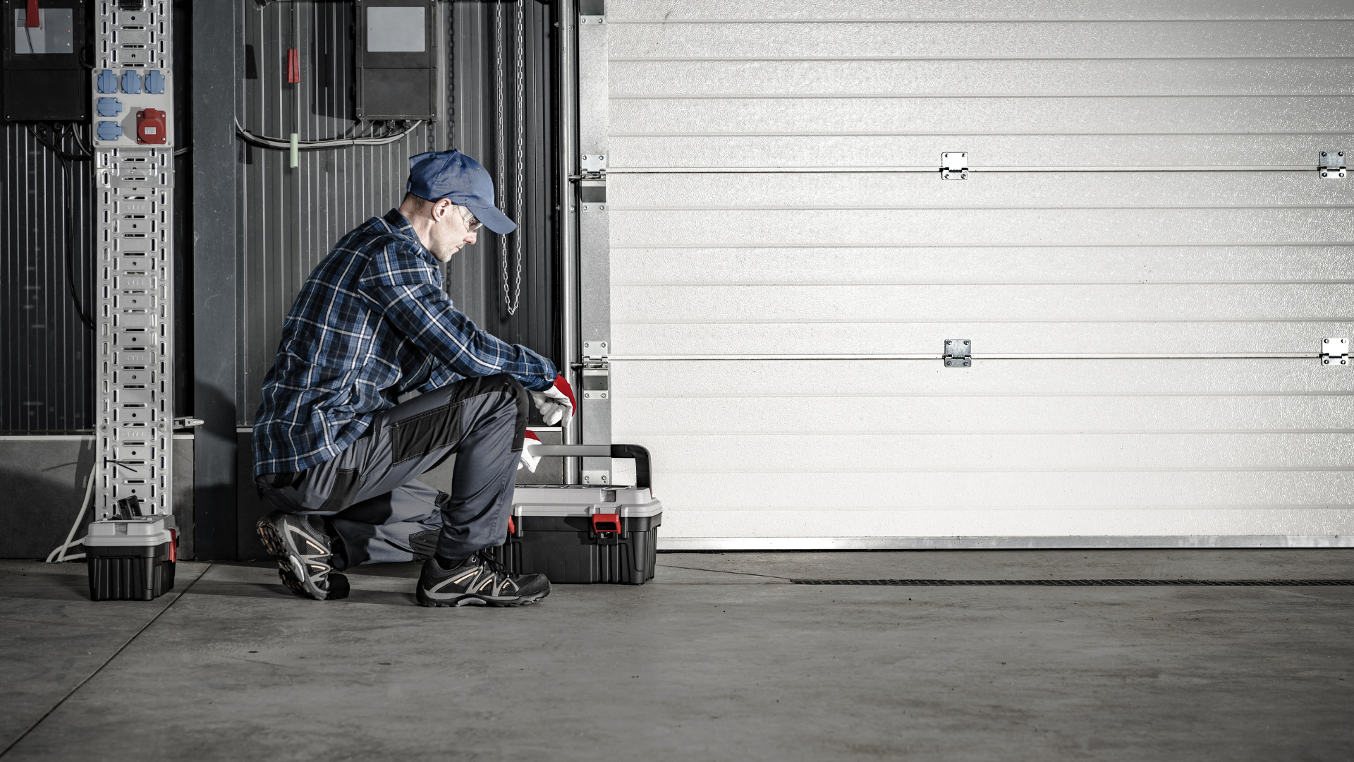 A man is kneeling down in front of a garage door.