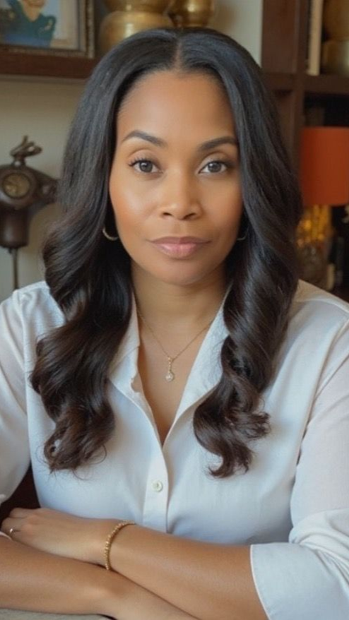 Woman with long wavy hair and a white blouse sits at a desk in a home office.