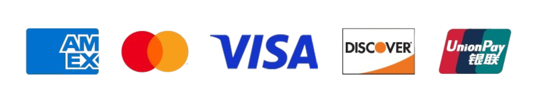 Logos for American Express, Mastercard, Visa, Discover, and UnionPay.