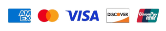 Logos for American Express, Mastercard, Visa, Discover, and UnionPay.
