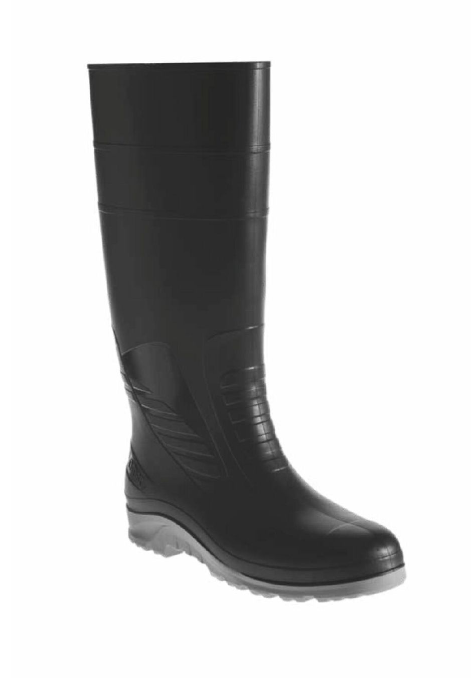 Un par de botas de lluvia negras con suela blanca sobre fondo blanco.