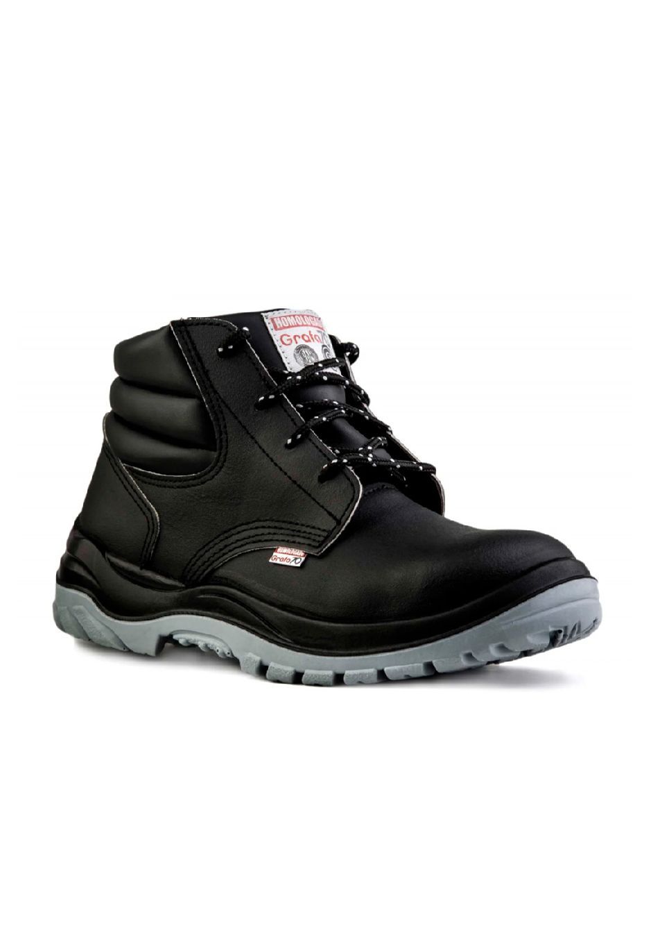 Un par de botas de seguridad negras sobre un fondo blanco.
