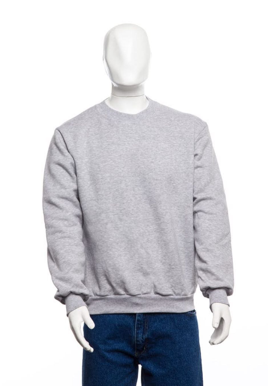 Un maniquí con una sudadera gris y vaqueros azules.