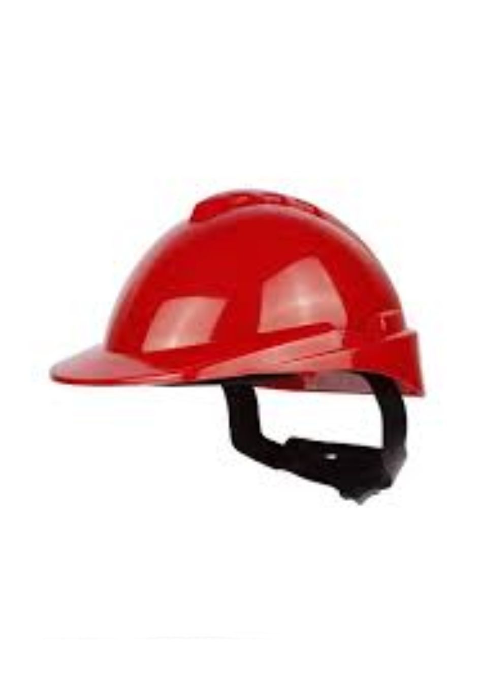 Un casco rojo con una correa negra sobre un fondo blanco.