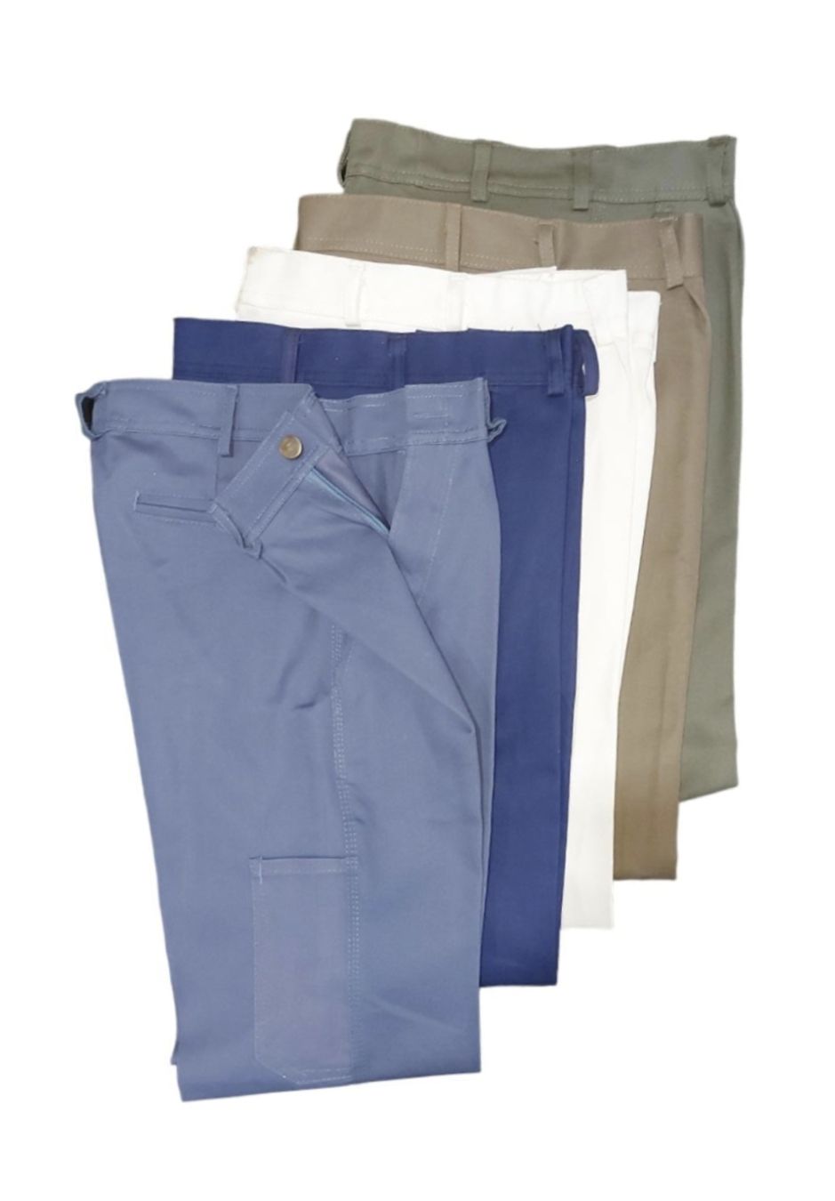 Un montón de pantalones de diferentes colores están apilados uno encima del otro.