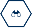 A pair of binoculars in a hexagon on a white background.