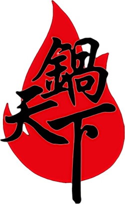 Red teardrop shape with bold black Japanese characters layered over it.