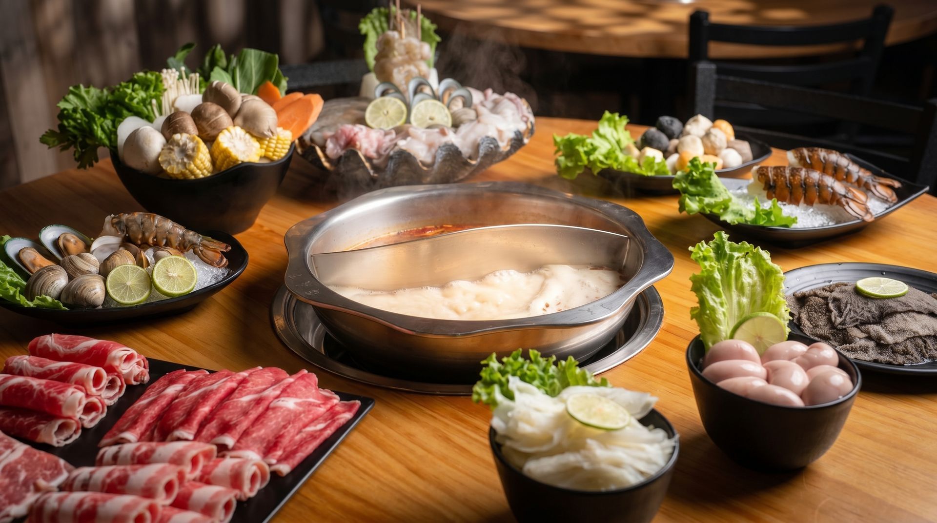 Hot pot spread on a wooden table with assorted meats, vegetables, mushrooms, and dipping bowls