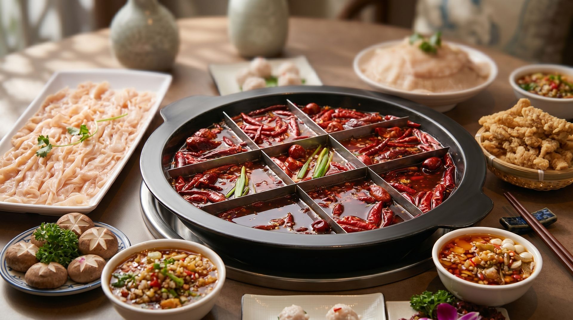 Assorted Chinese dishes around a hot pot with red broth and chili peppers on a table