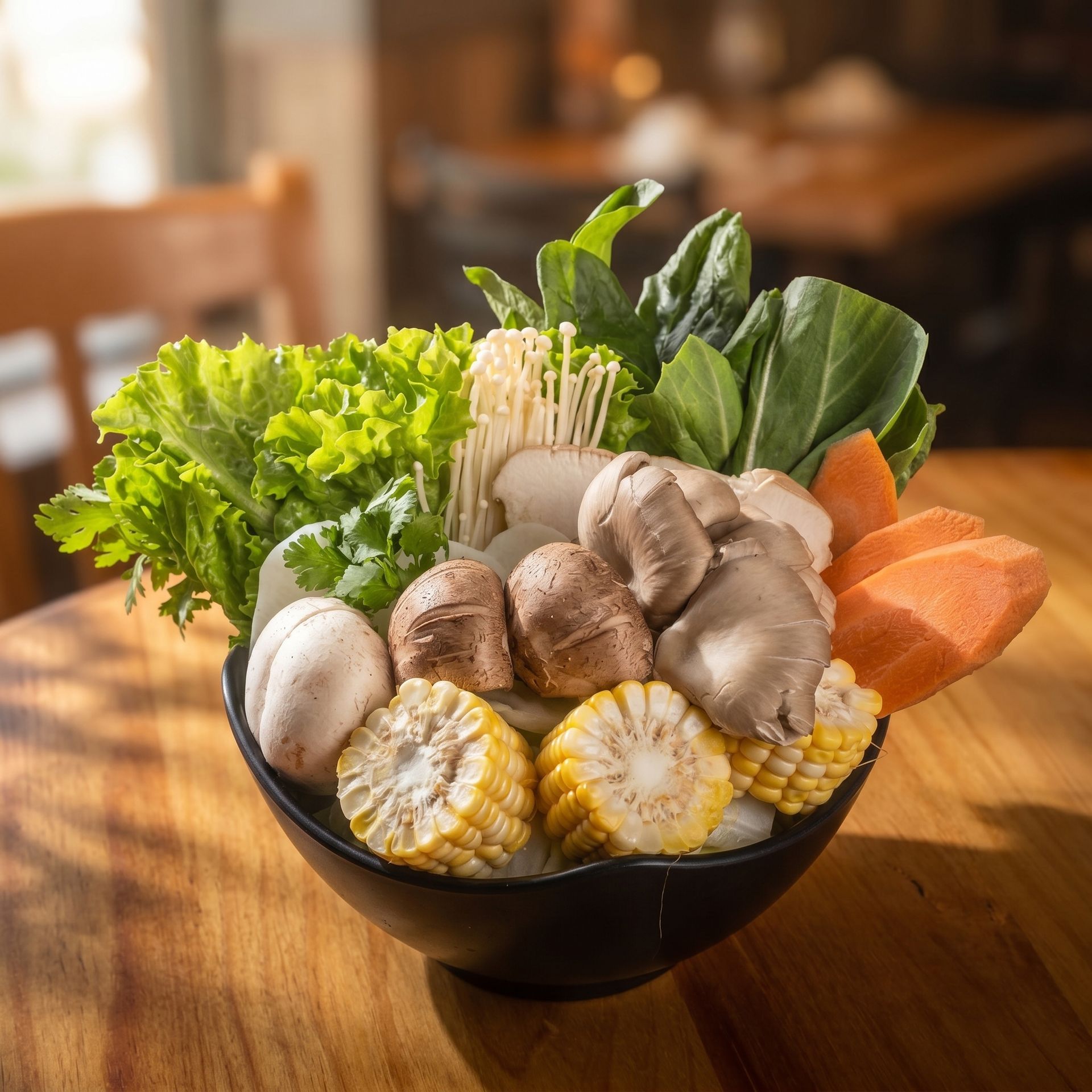Bowl of assorted fresh vegetables on a wooden table, including mushrooms, corn, greens, and carrots