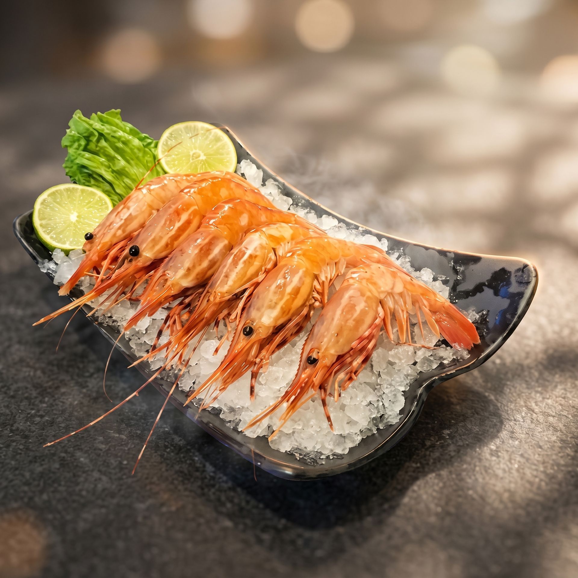 Plated cooked shrimp on crushed ice with lime wedges and lettuce on a dark table
