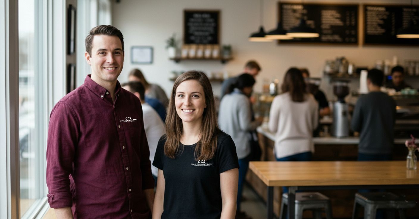 Two people smiling in a coffee shop. Man in maroon shirt, woman in black shirt. Both have CSS logo.