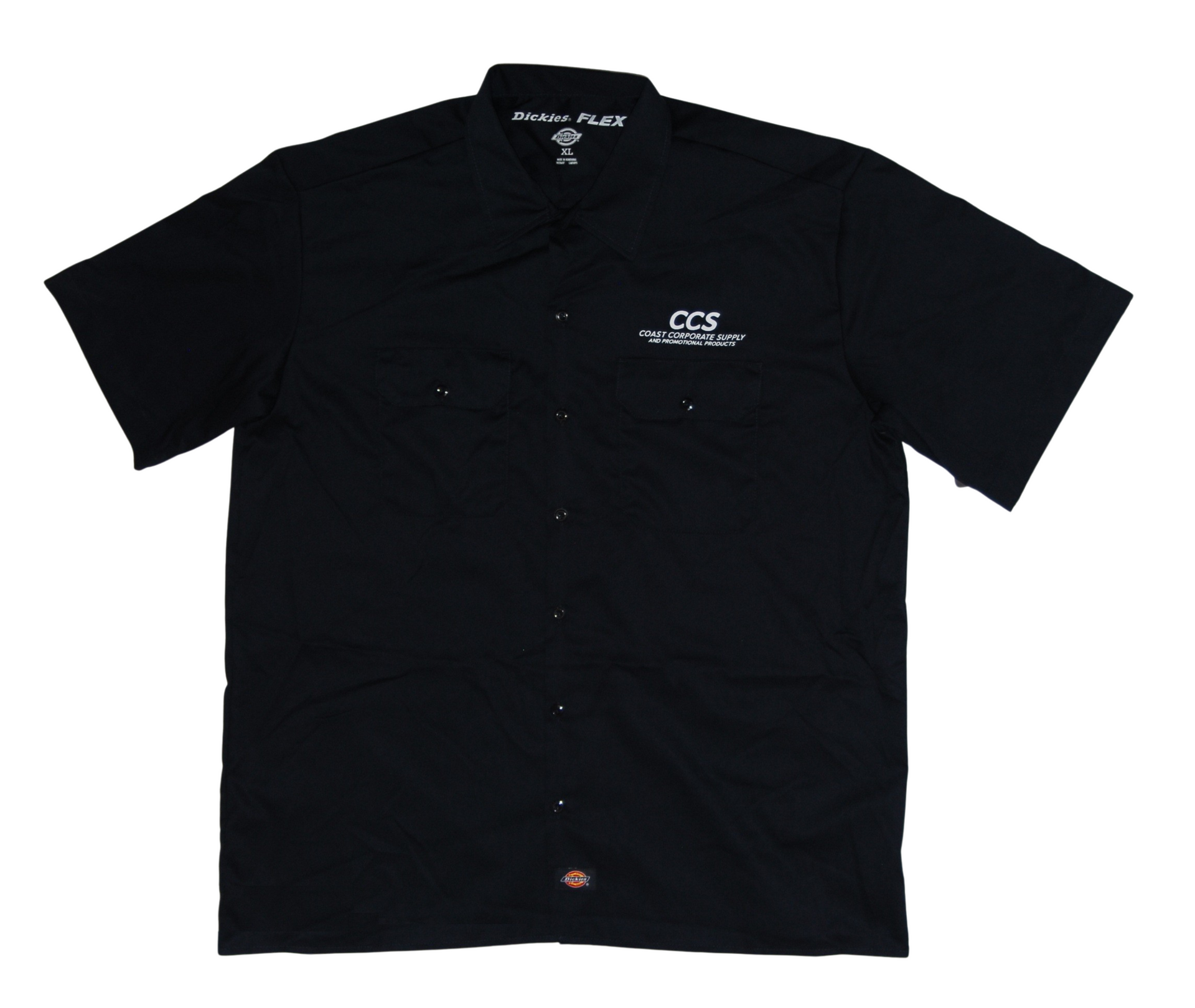 Black short-sleeved button-up shirt with a logo on the chest.