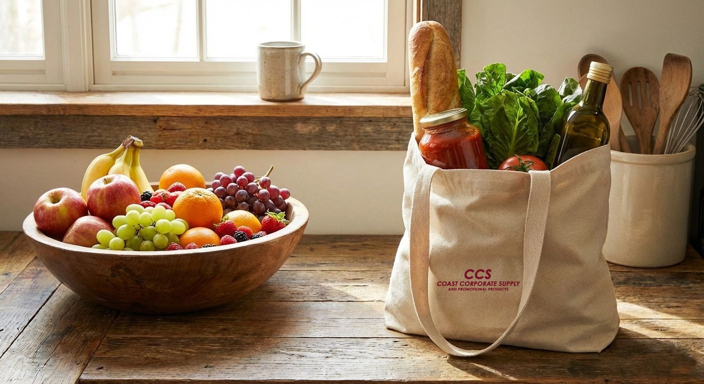 Wooden bowl of fruit and grocery bag on a wooden countertop near a window.