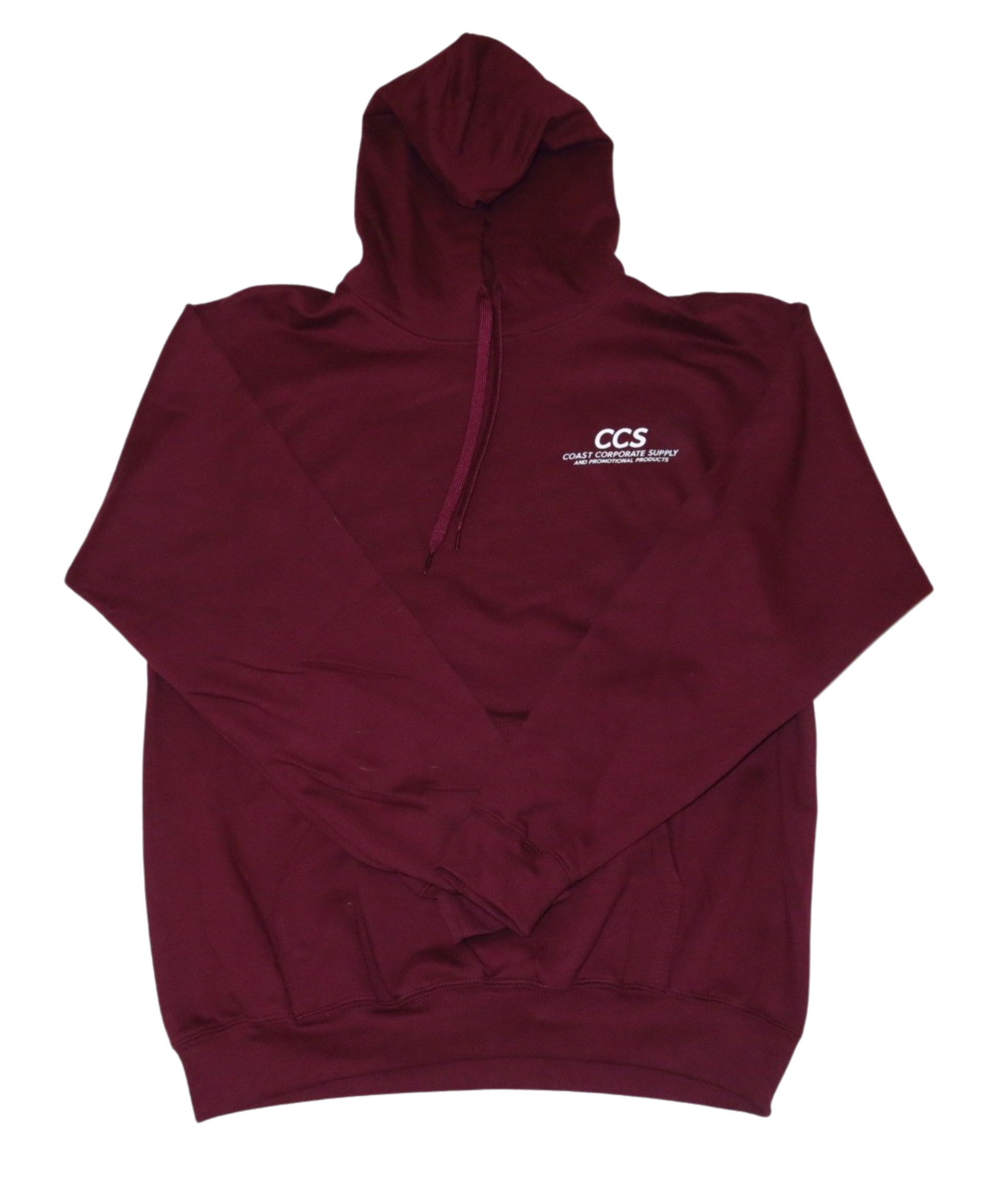 Maroon hooded sweatshirt with white logo on the chest.