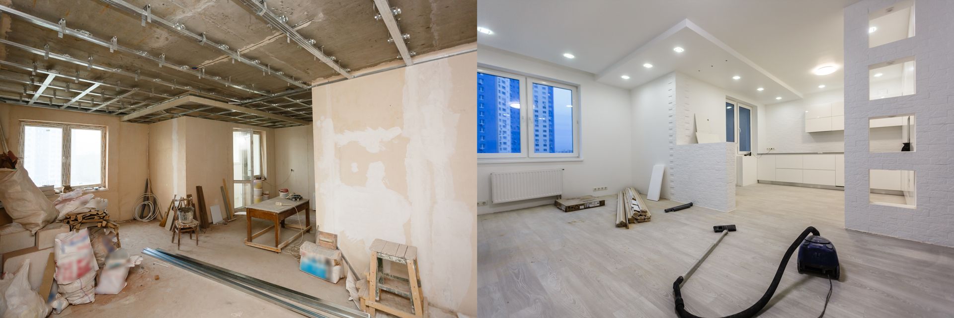 Before and after photos of a room remodel, showing construction and finished interior.