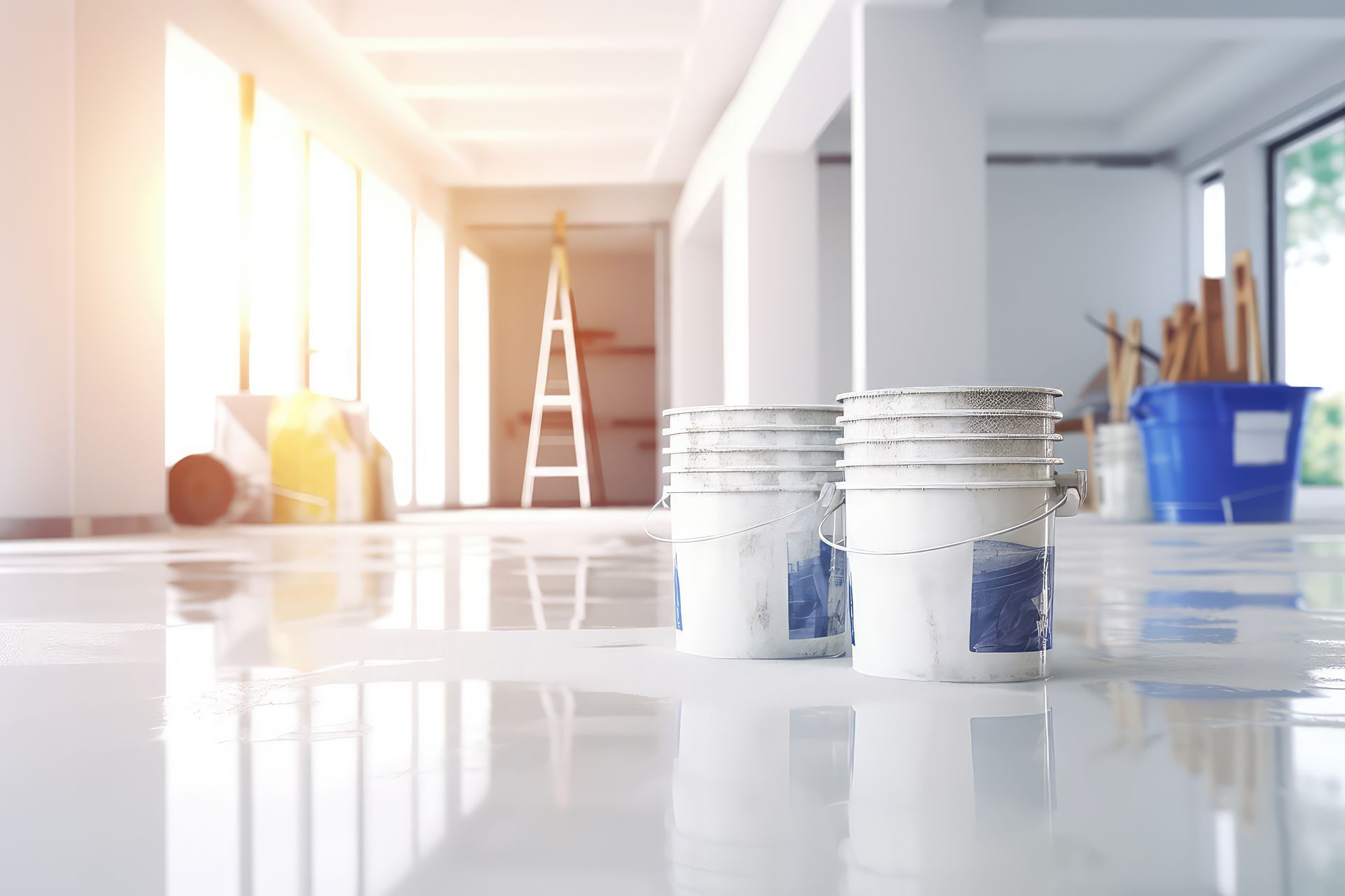Two paint buckets on glossy white floor in a bright, renovated interior space.