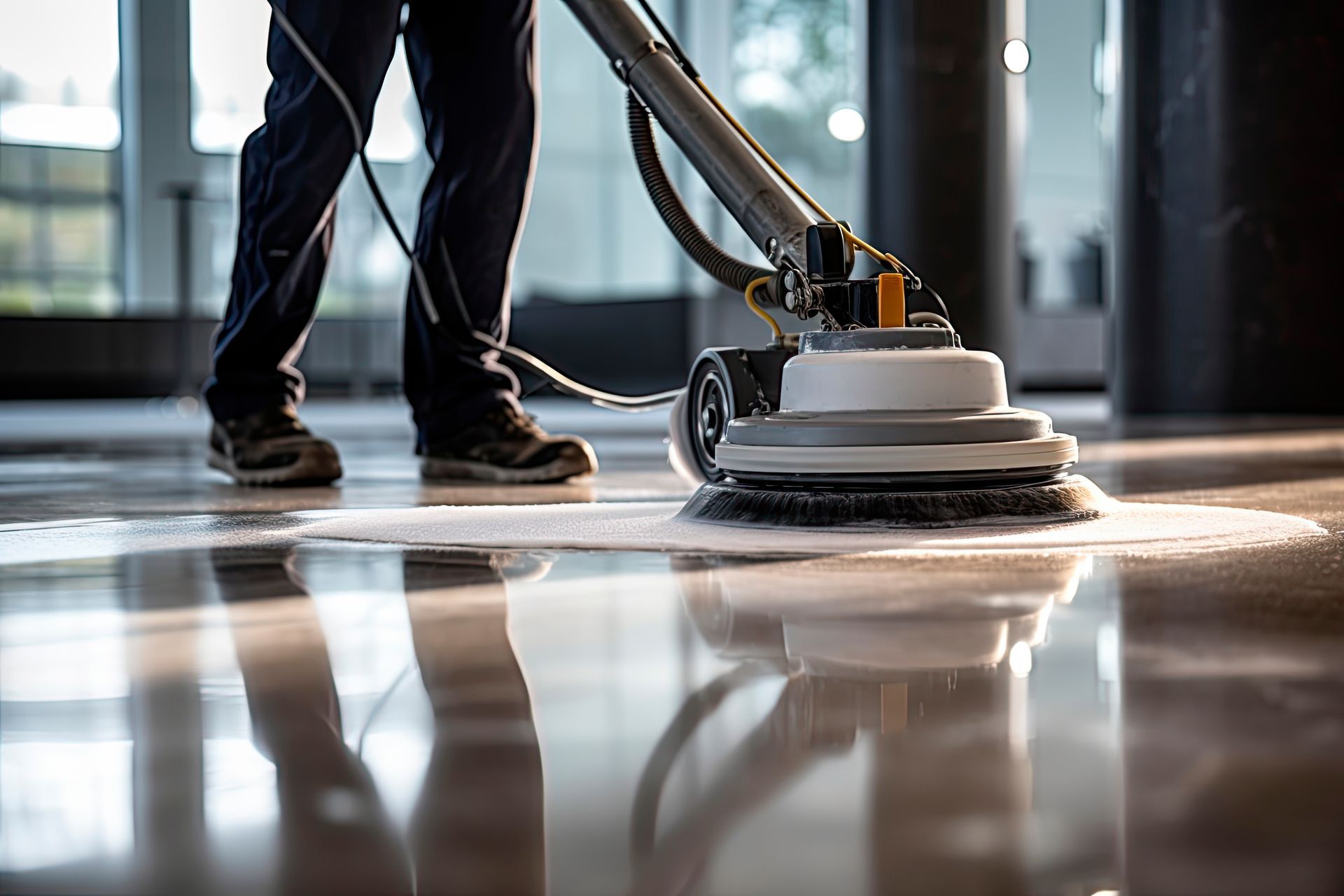A man is cleaning a marble floor with a machine.